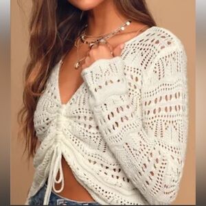 it’s our time white Crochet loose Knit V Neck Cropped Cinch front Detail Sweater